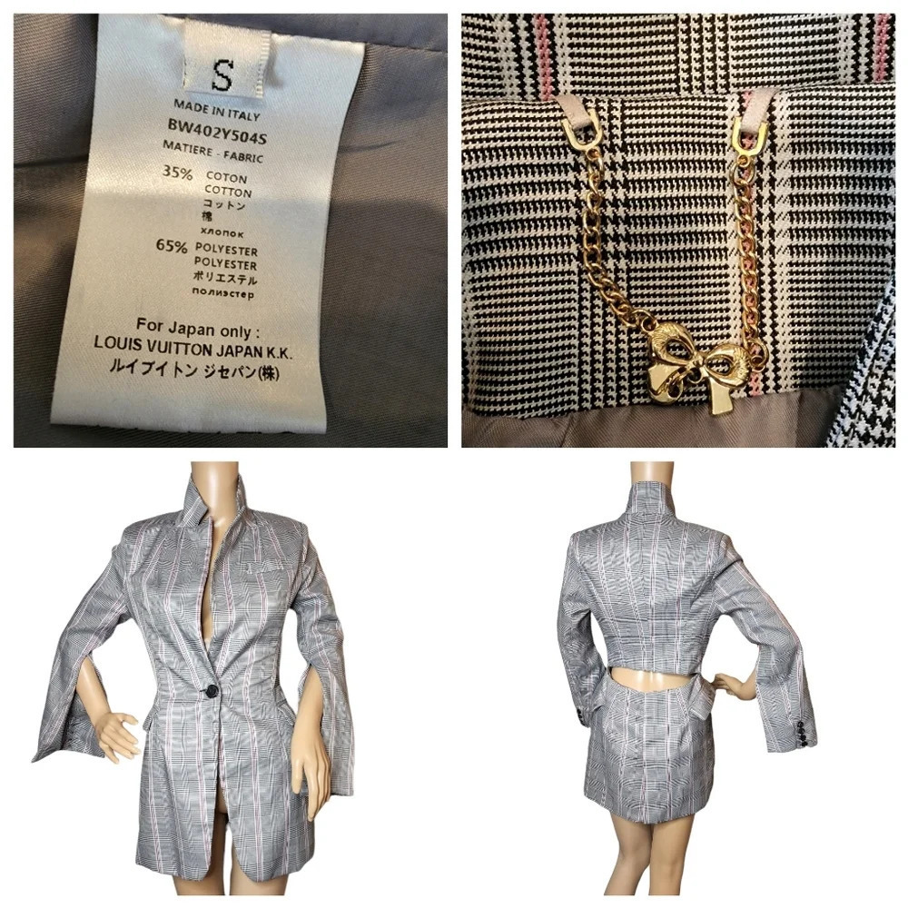 Split Sleeve Cut Out Back Plaid blazer black white pink size small.